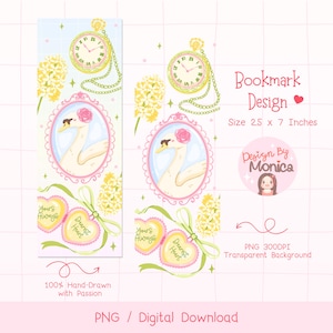 Könnte beinhalten: Digitales Lesezeichen-Design mit einem Schwan in einem rosa Rahmen, einer Taschenuhr und floralen Akzenten. Das Lesezeichen misst 6,35 cm x 17,78 cm. Das Design enthält den Text "Yours Always" und "Dearest Heart."
