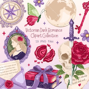 Victorian Dark Romance Clipart Set, Dark Academia PNG Bundle, Gothic Bookish Illustrations, Bookish Stickers image 1