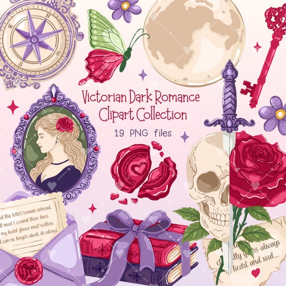 Victorian Dark Romance Clipart Set, Dark Academia PNG Bundle, Gothic Bookish Illustrations, Bookish Stickers