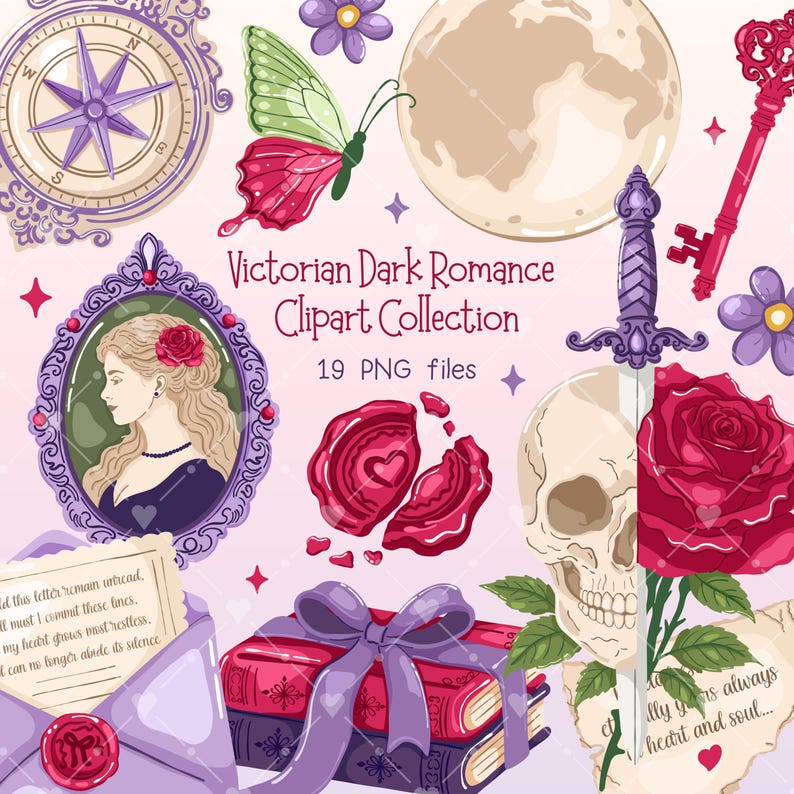 Victorian Dark Romance Clipart Set, Dark Academia PNG Bundle, Gothic Bookish Illustrations, Bookish Stickers image 1