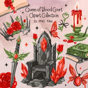Könnte beinhalten: Digitale Clipart-Sammlung "Queen of Blood Court" mit gotischen und Fantasy-Elementen. Enthält einen Thron, ein Schwert, einen Schlüssel, eine Kerze, Bücher, Rosen und einen Schmetterling, alles im Aquarellstil mit roten und grauen Farbtönen.