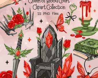 May include: A digital clipart collection titled "Queen of Blood Court" featuring various gothic and fantasy elements. Includes a throne, sword, key, candle, books, roses, and a butterfly, all in a watercolor style with red and gray tones.