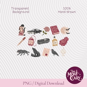 May include: A digital collection of hand-drawn illustrations featuring a couple, a black car, a rose, a book titled The Diaries, a moon with bats, a wooden stake, a blood bag, a coffin, a bottle, red flowers, wolves, a letter, and a crow.