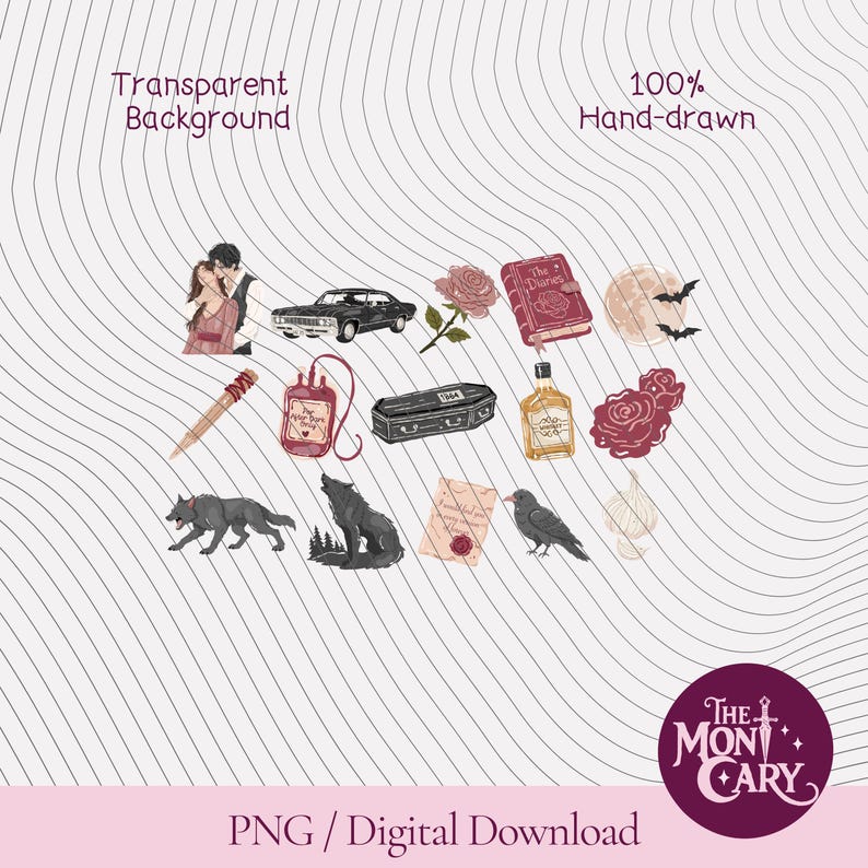 May include: A digital collection of hand-drawn illustrations featuring a couple, a black car, a rose, a book titled The Diaries, a moon with bats, a wooden stake, a blood bag, a coffin, a bottle, red flowers, wolves, a letter, and a crow.