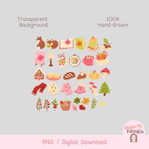 May include: A collection of hand-drawn fall-themed illustrations on a transparent background. The images include a fox, books, pumpkins, a cozy chair, a lamp, embroidery hoops, a mug, a gingerbread house, pastries, bread, a slice of pie, a pumpkin, a mushroom, a scarf, sweaters, boots, socks, leaves, and berries.