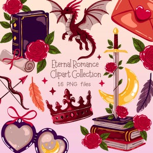 Könnte beinhalten: Eine digitale Clipart-Sammlung mit dem Titel "Eternal Romance" mit einem roten Drachen, einem Schwert durch einen Halbmond, einer Krone, Rosen, Büchern und einem herzförmigen Medaillon. Die Sammlung umfasst 16 PNG-Dateien.
