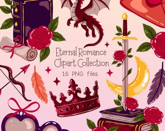 Romantasy Bookish Clipart, Fantasy Romance PNG, Enchanted Dark Academia Clipart Set, Bookish Sticker Bundle