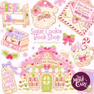 Peut inclure: Un ensemble d'illustrations numériques intitulé Sugar Cookie Book Shop présentant des éléments en pain d'épices dessinés à la main, dont une librairie, un visage de Père Noël, des livres, une lettre, un mug et une étiquette.