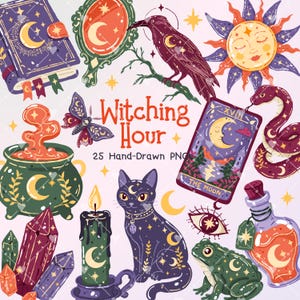 May include: A digital illustration set titled Witching Hour 25 Hand-Drawn PNG featuring a purple book, green mirror, black raven, sun, moth, cauldron with orange smoke, tarot card, snake, cat, candle, eye, frog, and potion bottle with moon motifs.