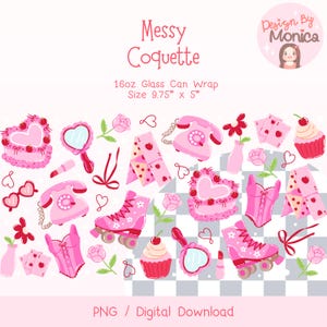 May include: A set of 16 digital clipart images featuring pink and red illustrations of roller skates, cupcakes, hearts, a telephone, a corset, a mirror, lipstick, and playing cards. The images are on a checkered background and are designed for a 16oz glass can wrap, measuring 9.75 inches by 5 inches. The text "Messy Coquette" is at the top of the image.