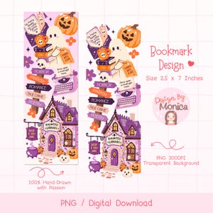Può includere: Un design per segnalibro digitale di 2,5 x 7 pollici con un fantasma che tiene in mano dei libri, una zucca, una macchina da scrivere e una biblioteca infestata viola. L'illustrazione include etichette di testo per generi come horror e fantasy.