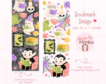May include: Two Halloween-themed bookmark designs. Each bookmark features a ghost, witch, and vampire reading books, along with other Halloween elements. The bookmarks are 2.5 x 7 inches in size. The design is hand-drawn.