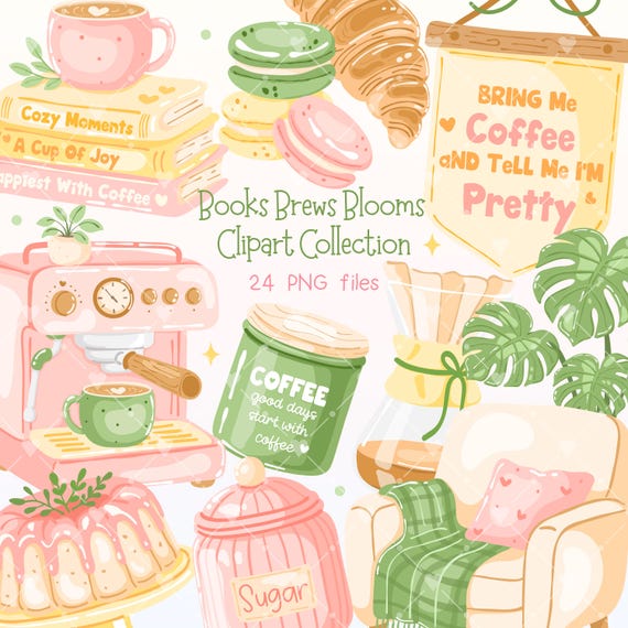 Coffee Clipart PNG Bundle, Bookish Cafe Illustrations, Coffee Lover Sublimation, Printable Stickers