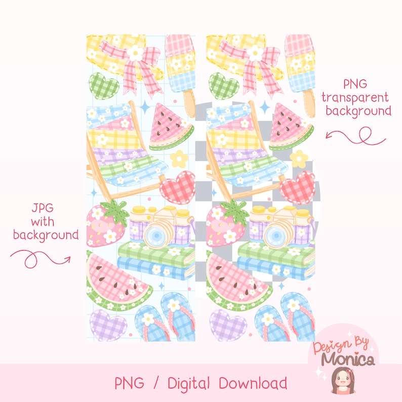 May include: A repeating pattern featuring summer illustrations. The design includes a beach chair, watermelon slices, ice cream bars, strawberries, cameras, hearts, and flip-flops. The background has a checkered pattern with the text "PNG / Digital Download".