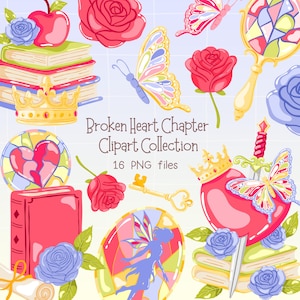 May include: A collection of digital clipart elements with a romantic theme. Includes roses, butterflies, crowns, books, a key, a broken heart, and a sword. The text reads "Broken Heart Chapter Clipart Collection" and "16 PNG files."