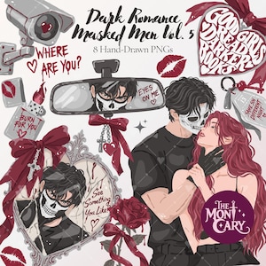 Może przedstawiać: Zestaw ilustracji cyfrowych zatytułowany Dark Romance Masked Men vol. 5 zawierający 8 ręcznie rysowanych plików PNG. Elementy obejmują kamerę bezpieczeństwa, zapalniczkę, lusterko wsteczne, lustro w kształcie serca, różę oraz parę.