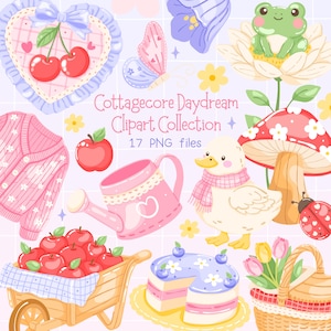 May include: A selection of cottagecore clipart illustrations. The image includes a pink cardigan, a watering can, a duck with a scarf, a frog on a flower, a mushroom, a ladybird, a wheelbarrow of apples, a cake, cherries, a butterfly, and a basket of flowers. Text reads "Cottagecore Daydream Clipart Collection" and "17 PNG files."