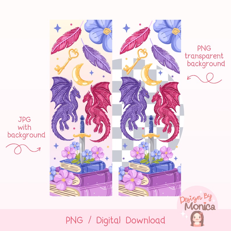 Pu&ograve; includere: Download digitale con due design verticali con elementi fantasy. Ogni design include un drago viola, un drago rosso, una spada, libri, fiori, una chiave, una luna e piume. Il testo "PNG / Digital Download" &egrave; in basso.
