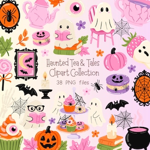 Spooky Cute Halloween Clipart Set PNG, Bookish Ghosts Elements, Halloween Desserts Illustrations, Kawaii Ghost PNG, Halloween Sticker Pack