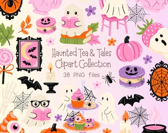 Conjunto de imágenes prediseñadas de Halloween espeluznantes y adorables, elementos de fantasmas de libros, ilustraciones de postres de Halloween, fantasmas kawaii, paquete de pegatinas de Halloween