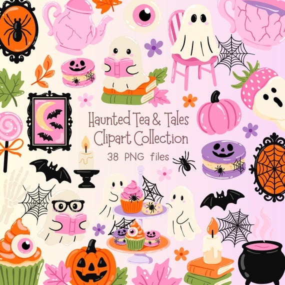 Spooky Cute Halloween Clipart Set PNG, Bookish Ghosts Elements, Halloween Desserts Illustrations, Kawaii Ghost PNG, Halloween Sticker Pack