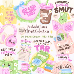 Könnte beinhalten: Eine Sammlung skurriler digitaler Illustrationen mit einem bücherliebenden Thema. Enthält ein rosa Herz mit dem Text "Just a Girl Who Loves Books", eine Kaffeetasse, einen lesenden Frosch und ein Buch mit dem Text "Probably Reading Smut".