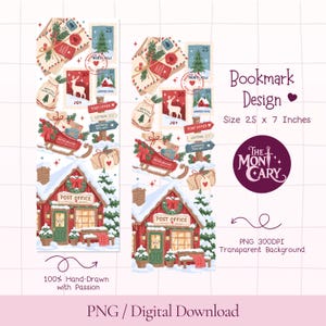 May include: A digital bookmark design measuring 6.35 x 17.78 cm featuring festive Christmas illustrations including a snowy post office, a sleigh with gifts, postage stamps, and mail parcels. The artwork includes text reading Bookmark Design.