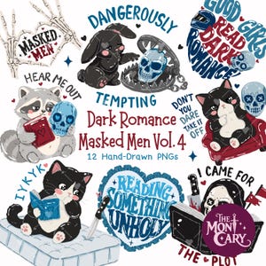 Puede incluir: Una colección digital de 12 ilustraciones dibujadas a mano con animales lindos, calaveras, libros y cuchillos con texto que incluye Dark Romance Masked Men Vol. 4, Reading Something Unholy y Good Girls Read Dark Romance en azul, rojo y negro.