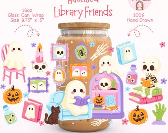 Bookish Ghost Glass Can Wrap PNG: Spooky Halloween Iced Coffee Wrap Design (Digital Download)