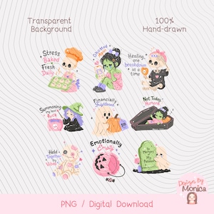 May include: A collection of nine hand-drawn digital illustrations featuring whimsical characters and text. Designs include a skeleton baker, a crying figure with a phone, a skeleton with a bandage, a witch, a ghost, a figure in a coffin, a voodoo doll, a pumpkin bucket, and a tombstone with various humorous captions.