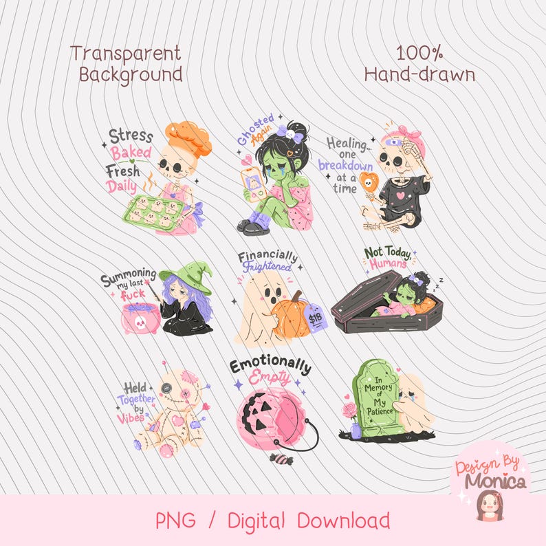 May include: A collection of nine hand-drawn digital illustrations featuring whimsical characters and text. Designs include a skeleton baker, a crying figure with a phone, a skeleton with a bandage, a witch, a ghost, a figure in a coffin, a voodoo doll, a pumpkin bucket, and a tombstone with various humorous captions.