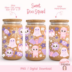 May include: Three glass can wraps with wooden lids, each featuring a Halloween-themed design. The wraps include ghosts, bats, mummies, and skulls in purple and pink. The text "Sweet Boo Squad" is displayed. Each wrap is 9.75" x 5".