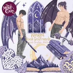 May include: Digital illustration set featuring two shirtless winged figures with dark hair, one holding a sword. Includes a gothic window, a mountain landscape, a sword piercing two books, and text reading The Mon Cary, Winged Book Boyfriends, and My Book Boyfriends Have Wings.