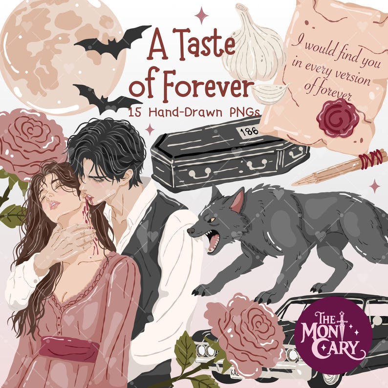 May include: A digital illustration set titled A Taste of Forever featuring 15 hand-drawn PNGs including a vampire couple, a wolf, a coffin labelled 186, a garlic bulb, a letter with a wax seal, a wooden stake, roses, and a vintage car.