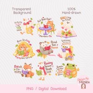 Bookish Fall PNG Bundle, Funny Book Quotes Clipart, Cozy Autumn Reader Stickers, Book Lover Stickers, Fall Reading PNG image 2