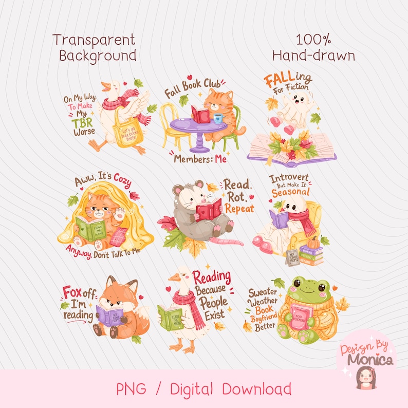 Bookish Fall PNG Bundle, Funny Book Quotes Clipart, Cozy Autumn Reader Stickers, Book Lover Stickers, Fall Reading PNG image 2