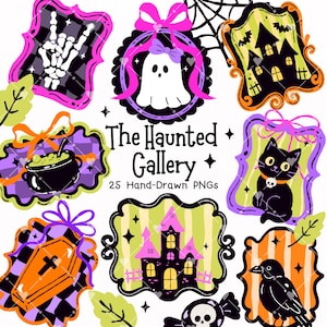 Puede incluir: Una colección digital titulada The Haunted Gallery 25 Hand-Drawn PNGs que presenta varias ilustraciones de Halloween en marcos ornamentados, incluyendo una mano de esqueleto, un fantasma con lazo rosa, una casa embrujada, un gato negro, un ataúd y un cuervo.