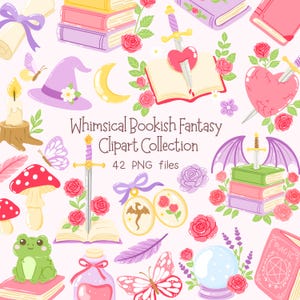 Puede incluir: Una colección de imágenes prediseñadas de fantasía caprichosa con libros, rosas, espadas, mariposas, un sombrero de bruja y una luna creciente. El texto dice "Whimsical Bookish Fantasy Clipart Collection" y "42 PNG files."