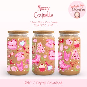 May include: Three 16oz glass can wraps with a pink and white design featuring roller skates, cupcakes, hearts, and other girly items. The design is called "Messy Coquette" and is 9.75 inches by 5 inches.