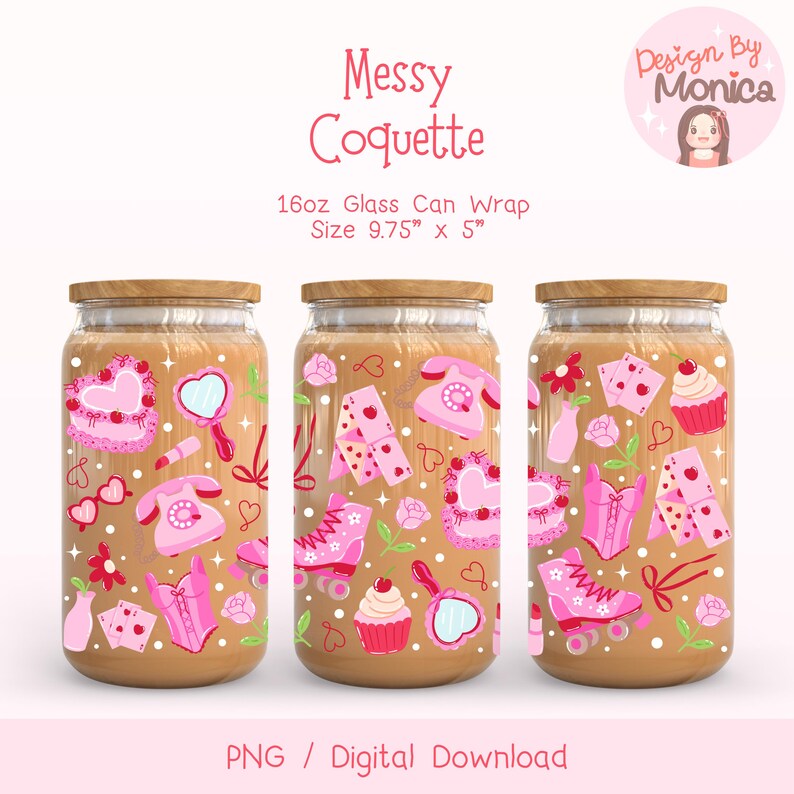 May include: Three 16oz glass can wraps with a pink and white design featuring roller skates, cupcakes, hearts, and other girly items. The design is called "Messy Coquette" and is 9.75 inches by 5 inches.