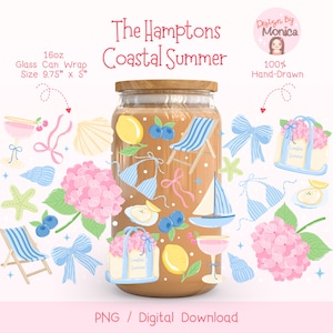 May include: A digital download of a 16oz glass can wrap design featuring a coastal summer theme. The design includes a glass jar with a wooden lid, lemons, blueberries, a sailboat, a beach chair, a seashell, a starfish, a hydrangea flower, a bikini, a bow, and a tote bag with the text "Coastal Summer".