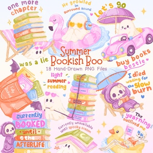 Könnte beinhalten: Eine skurrile Illustration mit dem Thema Sommerlektüre. Sie zeigt Bücherstapel, Geister, ein rosa Auto und einen Flamingo-Schwimmer. Der Text enthält "Summer Bookish Boo" und "18 Hand-Drawn PNG Files."