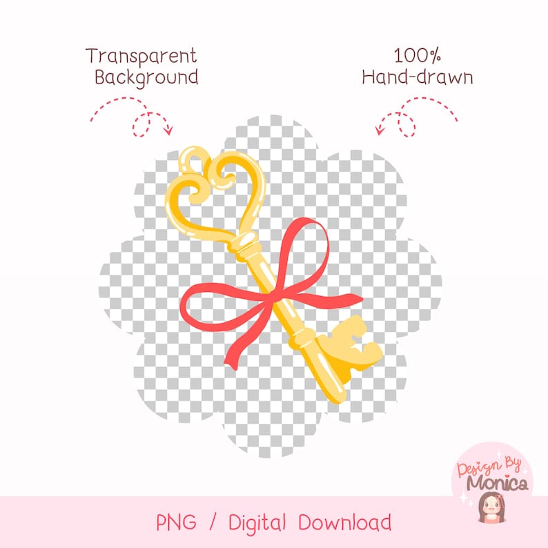 May include: A hand-drawn, gold-colored key with a heart-shaped top and a red ribbon tied around the stem. The key is set against a transparent background, with the text "Transparent Background" and "100% Hand-drawn".