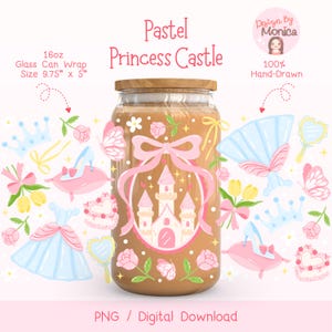 May include: A pastel pink princess castle design on a glass jar with a wooden lid. The jar is 9.75 inches tall and 5 inches wide. The design includes a pink castle, flowers, butterflies, and a crown. The text "Pastel Princess Castle" is written in a pink font above the jar.