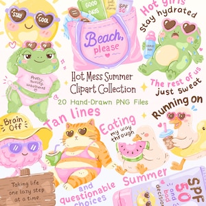 Puede incluir: Una colección de imágenes prediseñadas digitales con temática de verano. La imagen presenta personajes de dibujos animados como un sol, una rana, un gato y un pato, todos con gafas de sol y disfrutando de actividades de verano. El texto incluye "Hot Mess Summer Clipart Collection" y "Beach, please."