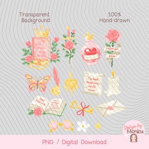 May include: A collection of hand-drawn digital illustrations with a transparent background. The illustrations include a perfume bottle with a crown, roses, a butterfly, a feather, a heart-shaped pendant, an open book, a candle, and an envelope. Text includes "My book boyfriend lives in here" and "fallen for fiction".