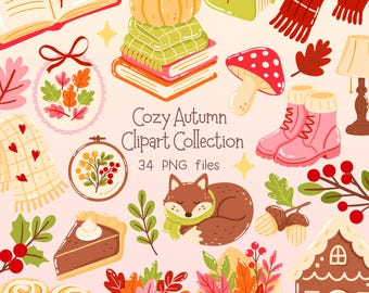 Puede incluir: Una colección de ilustraciones de imágenes prediseñadas de otoño. La imagen presenta una calabaza, libros, una bufanda, botas, un zorro y otros elementos otoñales. También se incluye el texto "Cozy Autumn Clipart Collection" y "34 PNG files".