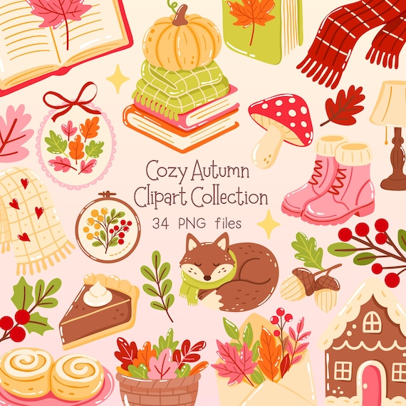 Cozy Autumn Clipart Set: Bookish Fall PNG Illustrations (Digital Download)