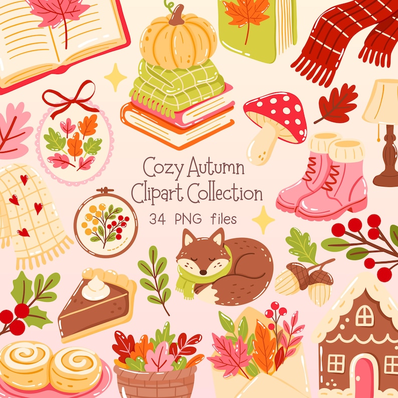 May include: A collection of cozy autumn clipart illustrations. The image features a pumpkin, books, a scarf, boots, a fox, and other fall-themed elements. The text "Cozy Autumn Clipart Collection" and "34 PNG files" are also included.