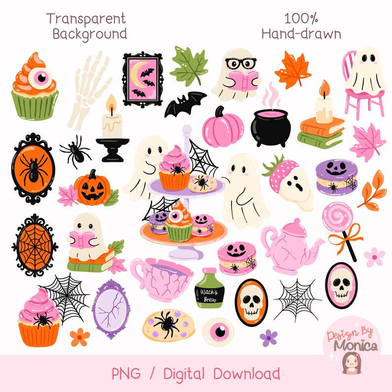 Pode incluir: Uma cole&ccedil;&atilde;o de clip art digital desenhada &agrave; m&atilde;o com tema de Halloween. As ilustra&ccedil;&otilde;es incluem cupcakes, fantasmas, ab&oacute;boras, aranhas, morcegos e outros elementos assustadores. A paleta de cores apresenta laranja, rosa, roxo e preto. O texto diz "Transparent Background" e "100% Hand-drawn".